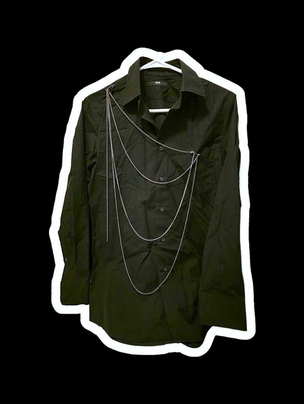 Japanese Visual-Kei Inpired DIY Black Button-Up Shirt with Silver Chain Accents